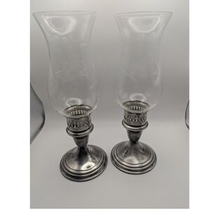Pair Gorman Silverplate Hurricane Candle Holder Etched Glass Towle Sterling READ